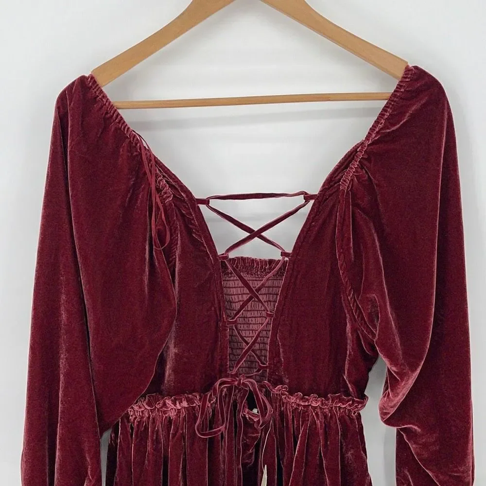 Free People Womens Velvet Lace Up Dress Daphne Long Sleeve Lined Red Size Medium